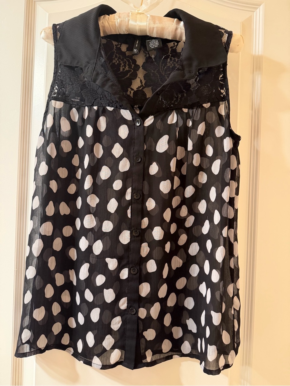 Black Blouse with White Polka Dots and Lace Yoke